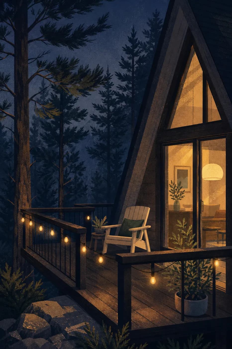 Illustrated evening deck with string lights among pines