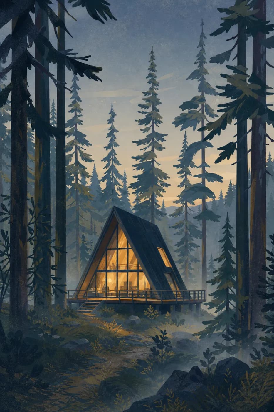 Illustrated glass A-frame among pines at dusk