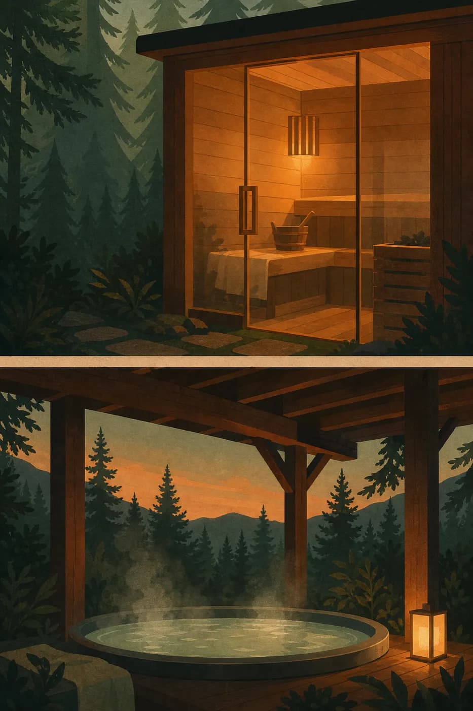 Illustrated sauna and hot tub ritual scenes
