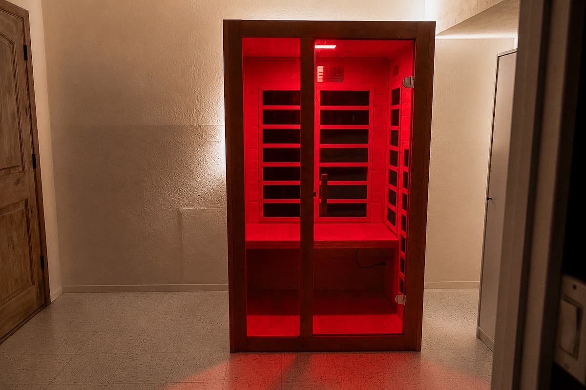 Indoor Dynamic infrared sauna with wood frame, glass door, and warm red glow
